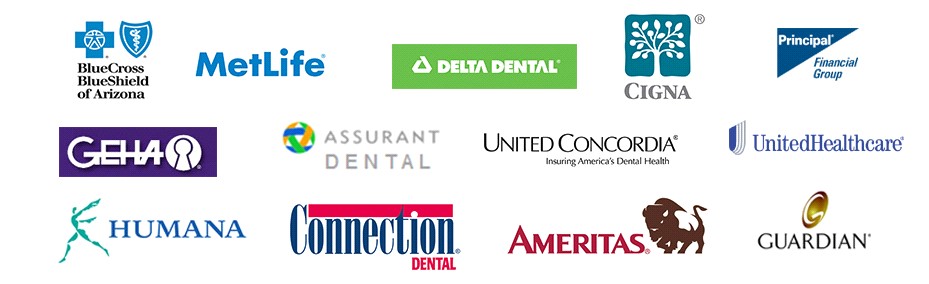 Logos of various dental insurance providers including BlueCross BlueShield, MetLife, Delta Dental, Cigna, Humana, and Guardian, representing Austin Dental Specialty Group's accepted insurance plans.